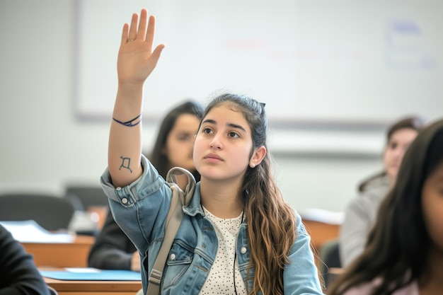 Foto estudiante levantando la mano para participar en la discusión de la clase