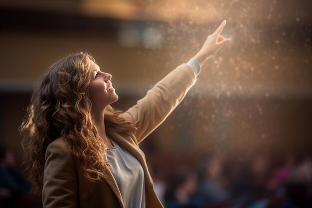 Foto una estudiante levantando la mano en un teatro de conferencias con ia generativa