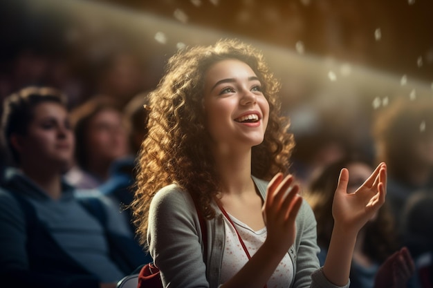 Una estudiante levantando la mano en un teatro de conferencias con IA generativa