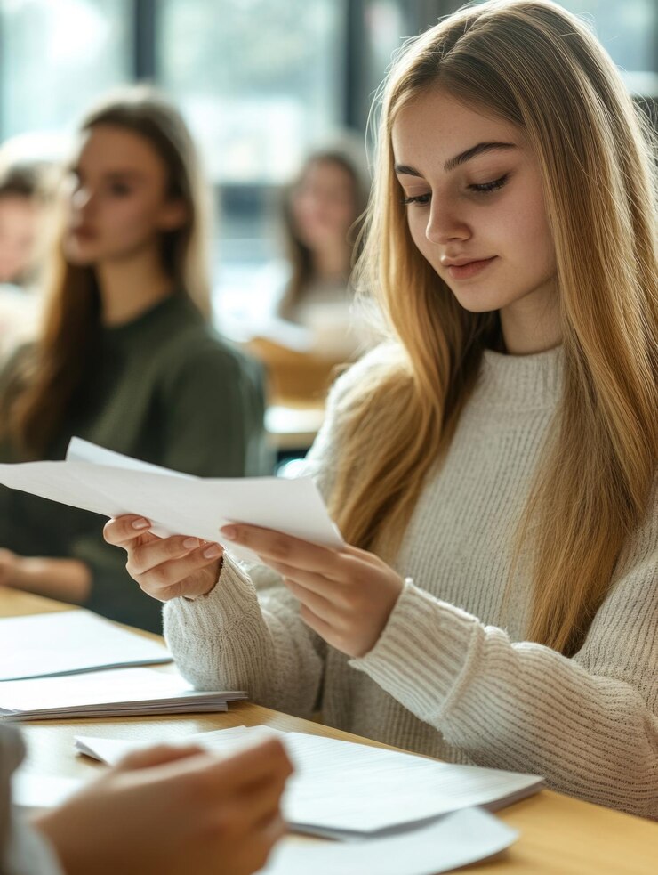 Estudiante leyendo un artículo en clase