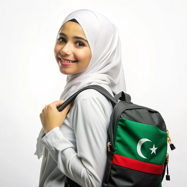 una estudiante libia con una bolsa escolar con una pequeña bandera de Libia en fondo blanco