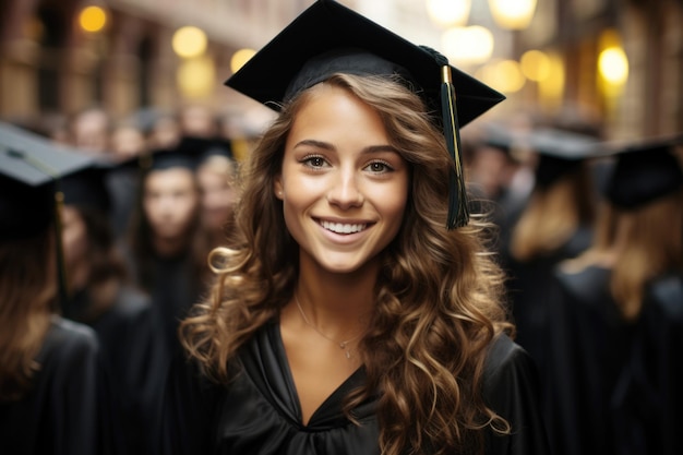 Una estudiante linda y feliz sonríe recibiendo un diploma en la graduación con un vestido universitario