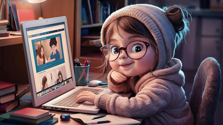 Foto estudiante en línea linda chica con gafas y suéter estudiando en la computadora escuchando al profesor