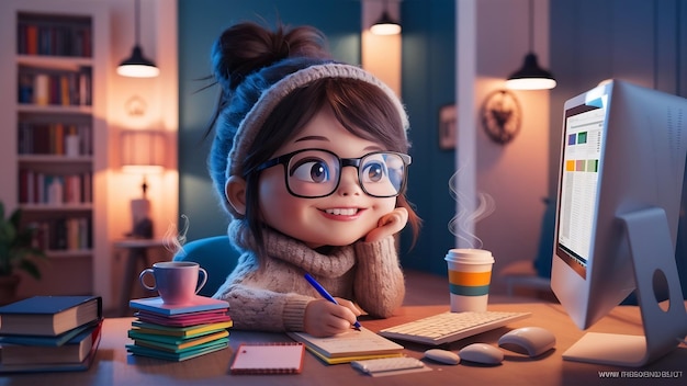 Estudiante en línea linda chica con gafas y suéter estudiando en la computadora sonriendo