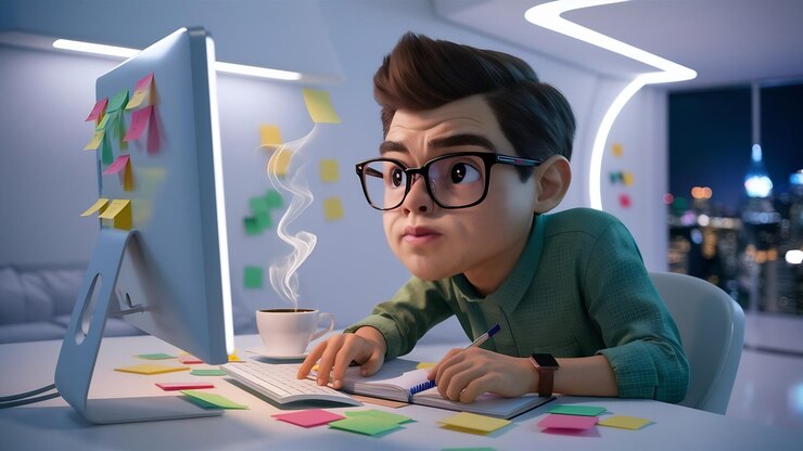 Foto estudiante en línea lindo joven estudiando en computadora con gafas en camisa verde