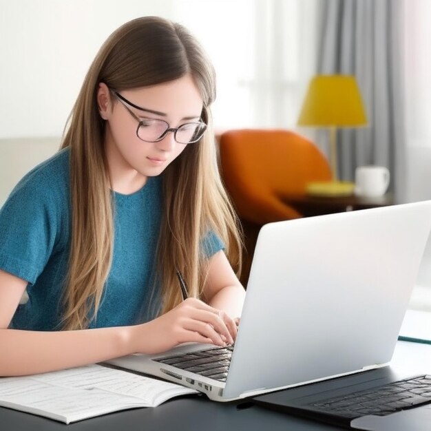 Estudiante en línea lindo joven estudiando en la computadora