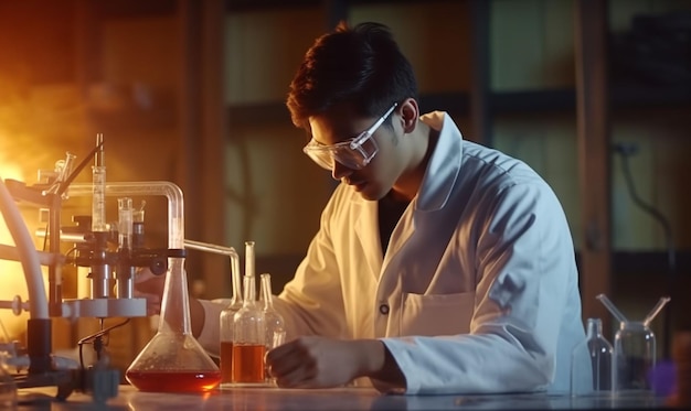 Estudiante masculino de química trabajando en laboratorio generativo ai