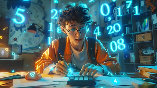 Estudiante de matemáticas con calculadora y cuadernos en el concepto de aula encantada