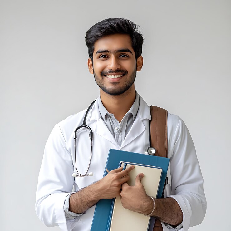 Un estudiante de medicina indio feliz sonriendo con libros