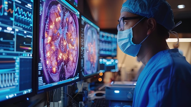 Foto estudiante de medicina observando un procedimiento de endoscopia en vivo en un monitor en un hospital de enseñanza fotorealista hd