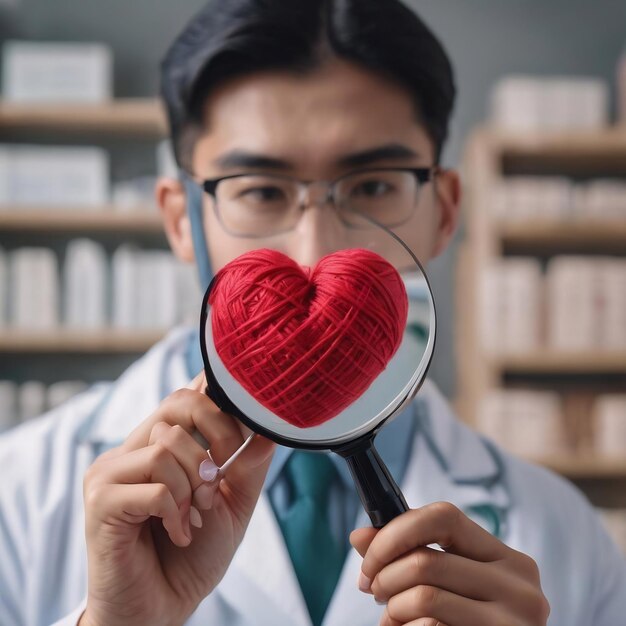 Estudiante de medicina de primer plano con una lupa y mira un corazón rojo de hilo en un fondo borroso