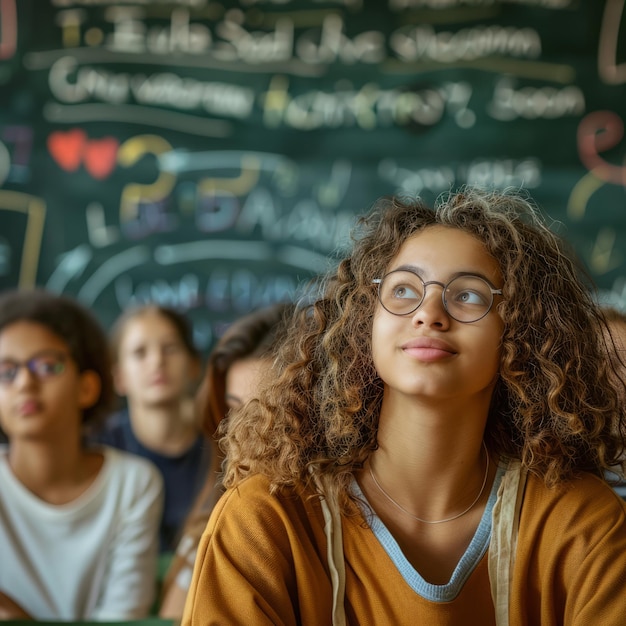 El estudiante mira pensativo a un lado en el fondo hay una tabla verde con ecuaciones y muchos estudiantes en sus escritorios sus rostros están arrugados