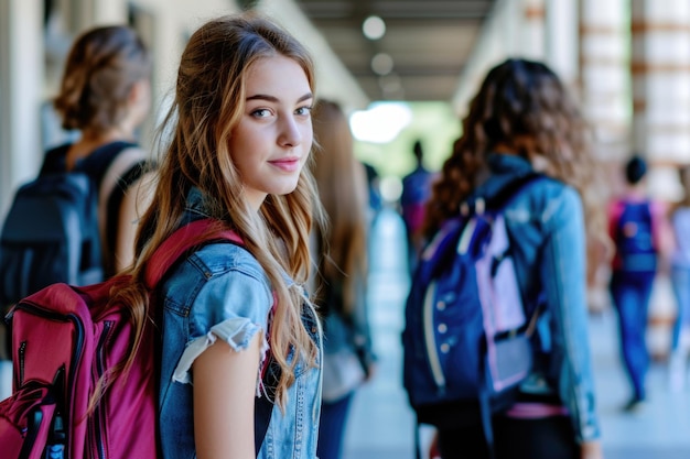 Foto estudiante mirando hacia atrás mientras iba a una clase en la universidad chica caminando con amigos yendo
