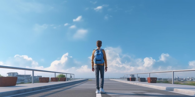 Estudiante con mochila Caminar a la escuela Fondo de cielo azul Concepto de regreso a la escuela Ai generativo