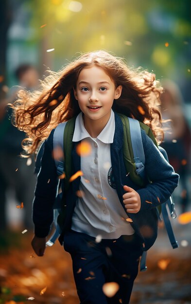 Estudiante con una mochila corriendo y sonriendo Estudiante bonita en un parque de otoño después de las clases