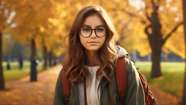 Una estudiante con mochila y gafas en el parque en otoño