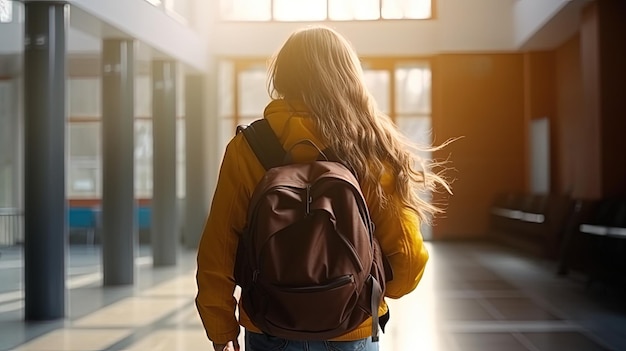 Foto estudiante con una mochila yendo a la escuela