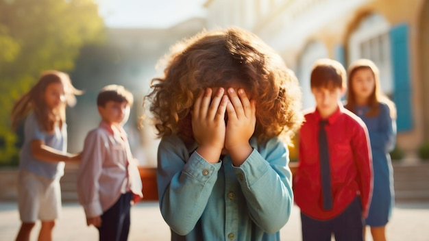 Una estudiante molesta cubriendo su cara llorando con sus manos contra otros niños en el fondo