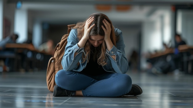 Foto estudiante molesta siendo intimidada y experimentando angustia emocional en la escuela