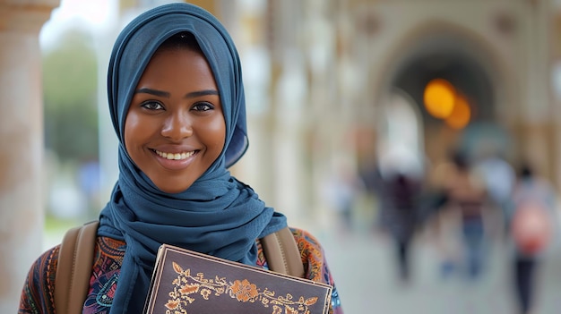 Estudiante musulmana negra feliz en la universidad retrato de sí misma para las perspectivas de deseo generativo Ai