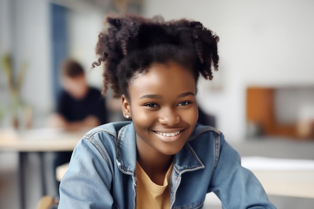 una estudiante negra africana sentada en una clase escolar con paredes blancas