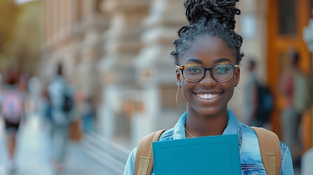 Estudiante negra feliz en la universidad con un retrato de sí mismo perspectivas deseos generativo Ai