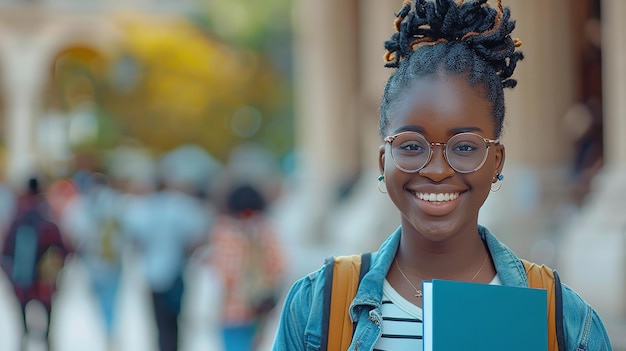 Estudiante negra feliz en la universidad con un retrato de sí mismo perspectivas deseos generativo Ai