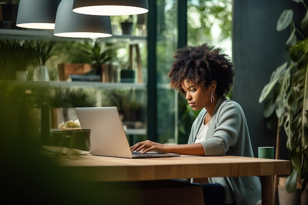 Estudiante negra usando una computadora portátil en la biblioteca de la universidad sentada en el escritorio y aprendiendo en línea