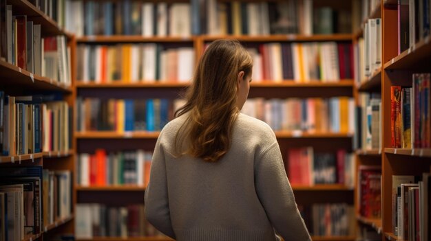Estudiante parada frente a los estantes de libros de la biblioteca