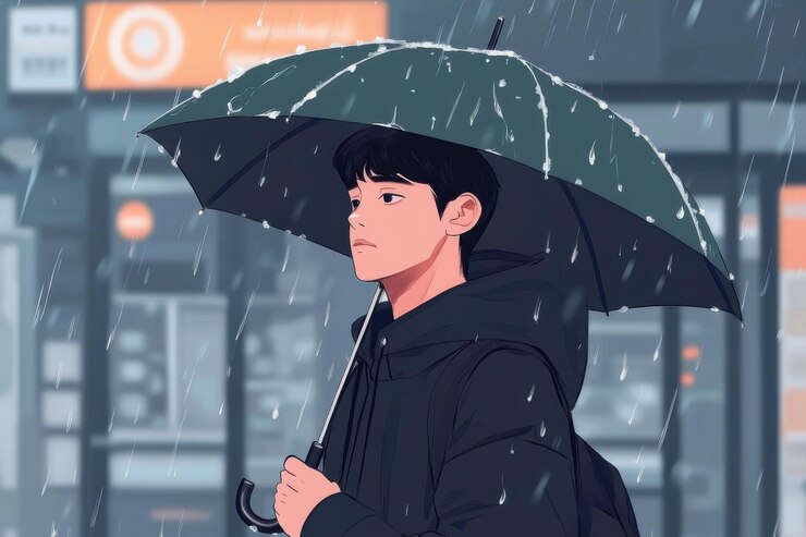 Estudiante con paraguas disfrutando de la lluvia con los ojos cerrados en contemplación