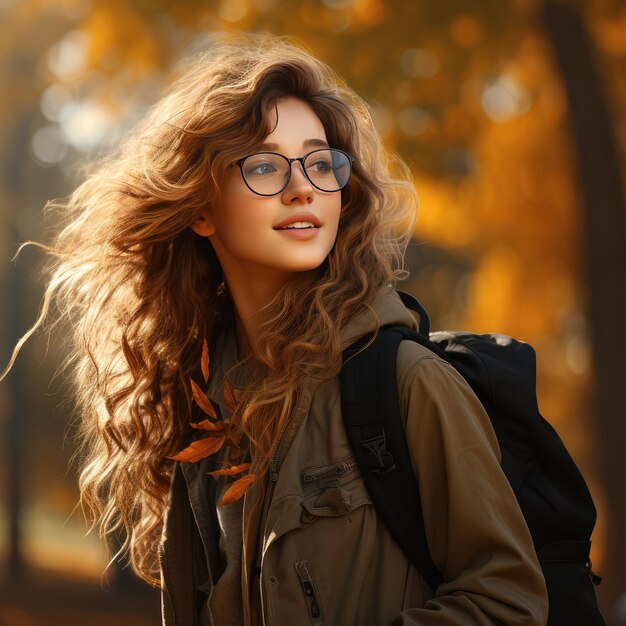 Una estudiante en un parque de otoño con gafas y llevando una mochila Generative Ai