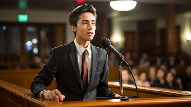 Foto un estudiante participando en el papel tapiz del debate