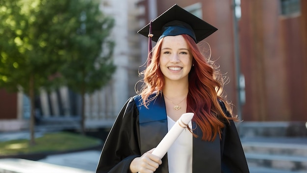 Estudiante de posgrado pelirroja con diploma sonriendo en el espacio de copia