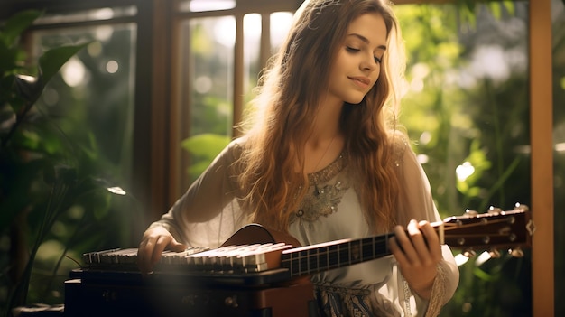 Estudiante practicando un instrumento musical en un jardín