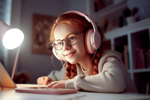 Estudiante preadolescente pelirroja haciendo su tarea o estudiando con una tableta digital en casa.