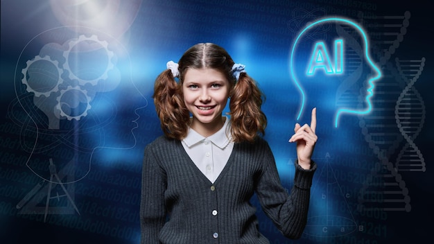 Estudiante preadolescente que muestra el icono de la señal de inteligencia artificial brillante de la mano