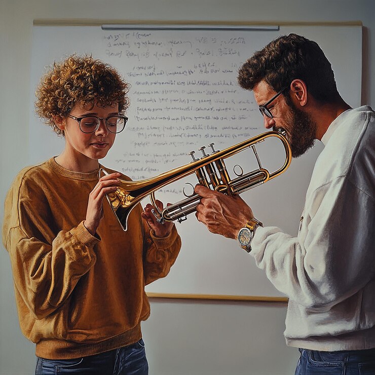 Foto estudiante preparándose nerviosamente para una actuación en solitario en el escenario