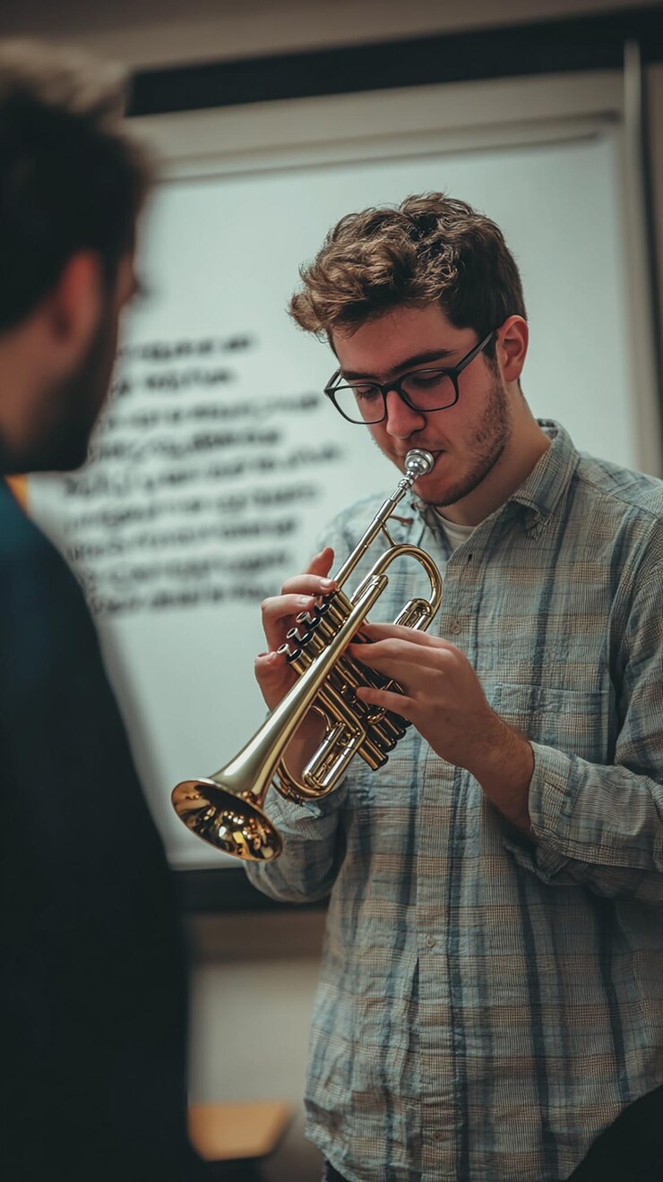 Foto estudiante preparándose nerviosamente para una actuación en solitario en el escenario