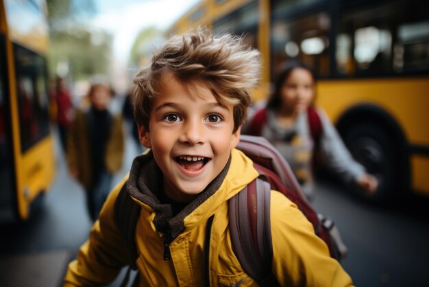 Un estudiante de primaria feliz corre de la escuela a casa, el niño está feliz de regresar de la escuela