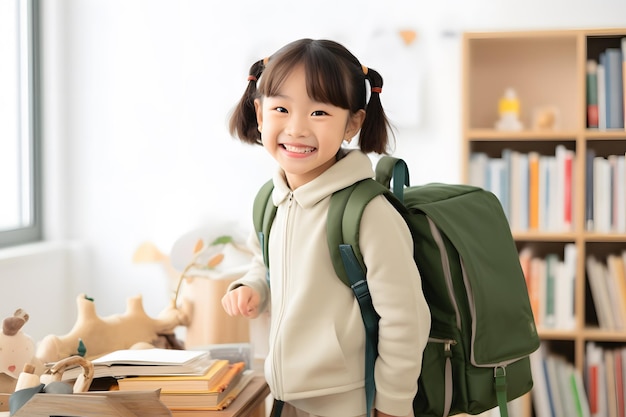 estudiante de primaria feliz con su mochila y libros