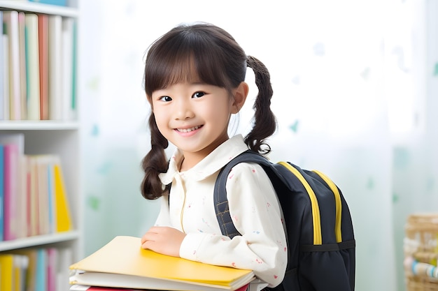 estudiante de primaria feliz con su mochila y libros