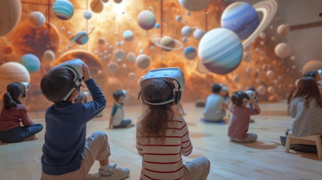 Foto estudiante de primaria inteligente estudiando astronomía y espacio en el aula aig