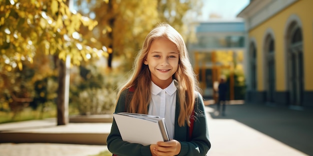 Estudiante de primaria con un libro en la mano.