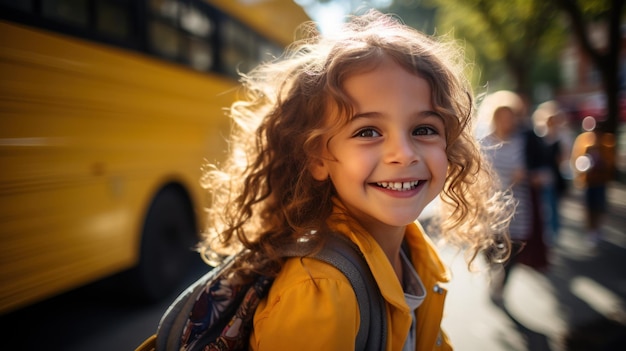 Una estudiante de primaria sonriente sonriente y lista para abordar el autobús escolar