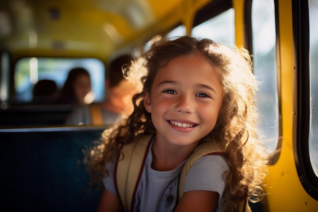 Foto una estudiante de primaria sonriente sonriente y lista para abordar el autobús escolar