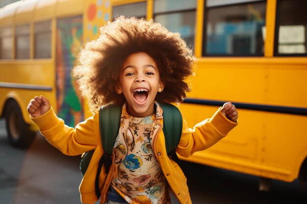 Foto una estudiante de primaria sonriente sonriente y lista para abordar el autobús escolar