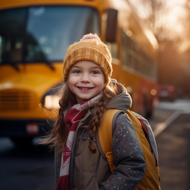 Una estudiante de primaria sonriente sonriente y lista para abordar el autobús escolar