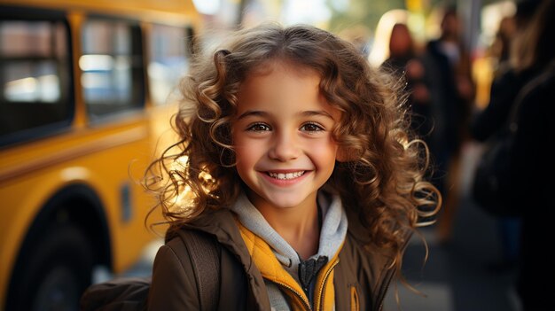 Una estudiante de primaria sonriente sonriente y lista para abordar el autobús escolar