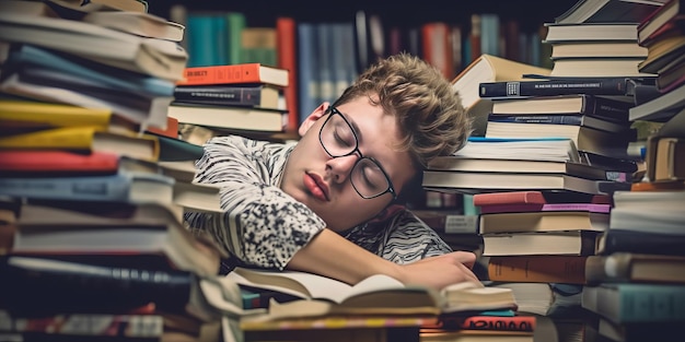 Un estudiante que está demasiado agotado duerme sobre una pila de libros de texto en su habitación