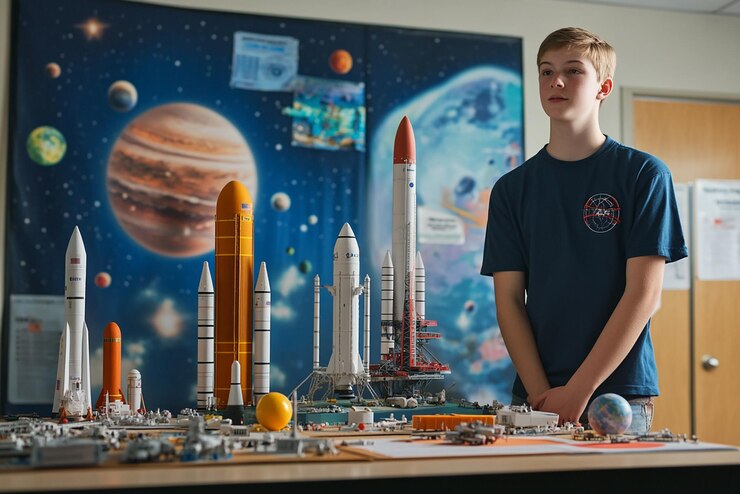 Foto estudiante que muestra un proyecto de exploración espacial en una feria de ciencias